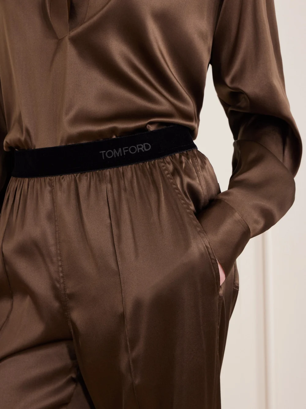 Close-up detail of the Tom Ford Silk-blend Satin Pants