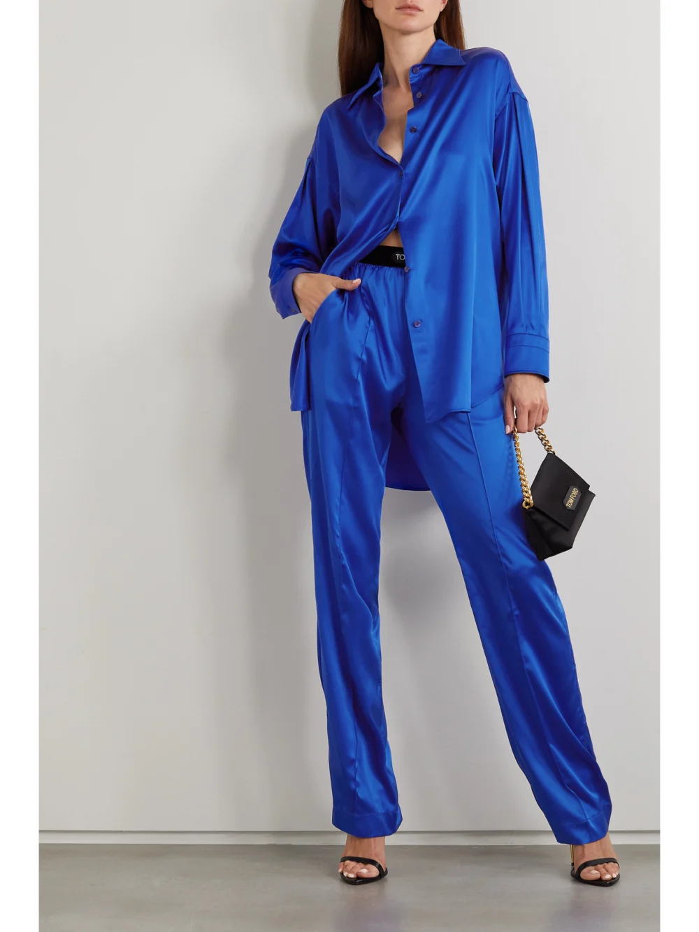 Tom Ford Velvet-trimmed Stretch-silk Satin Pants, worn by a model