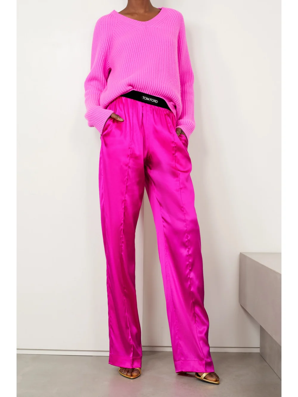 Tom Ford Velvet-trimmed Stretch-silk Satin Pants, worn by a model
