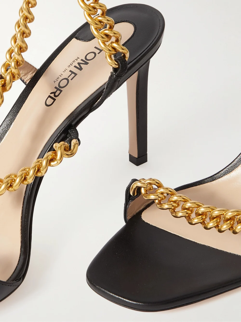 Close-up detail of the Tom Ford Zenith Chain-embellished Leather Slingback Sandals
