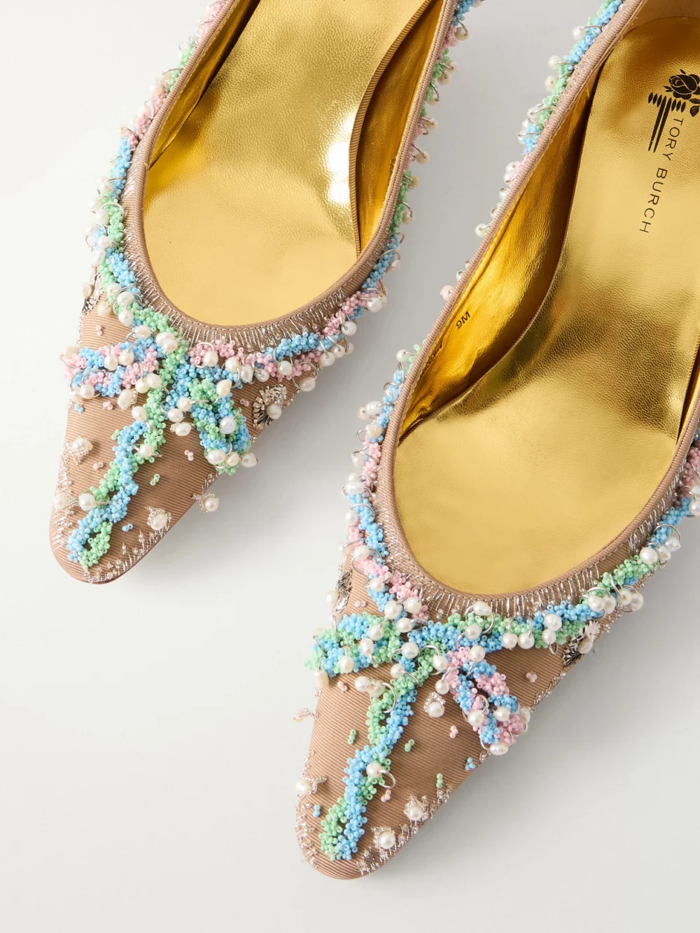 Close-up detail of the Tory Burch 45 Bead-embellished Canvas Pumps