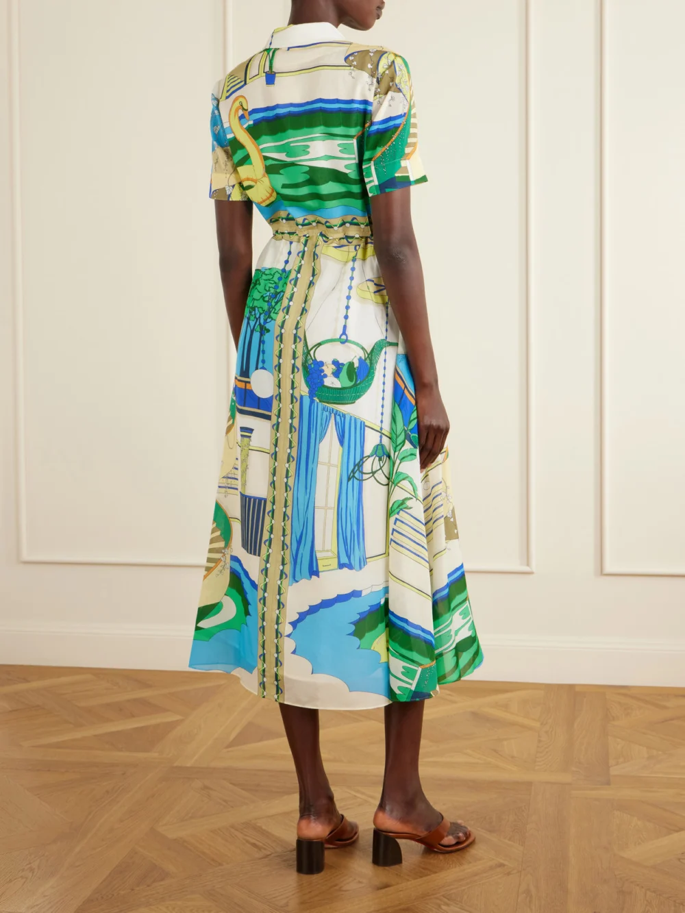 Back view of the Tory Burch Belted Printed Silk and Cotton-blend Maxi Dress