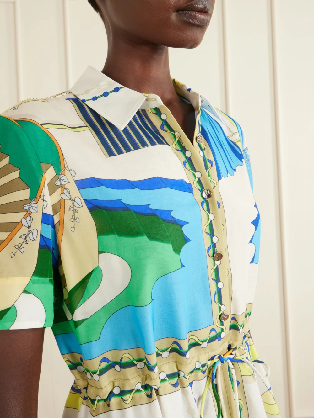 Close-up detail of the Tory Burch Belted Printed Silk and Cotton-blend Maxi Dress