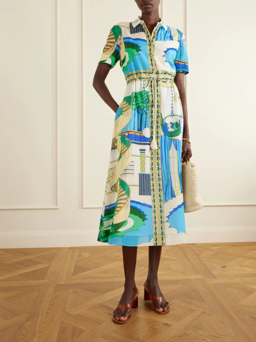 Tory Burch Belted Printed Silk and Cotton-blend Maxi Dress, worn by a model
