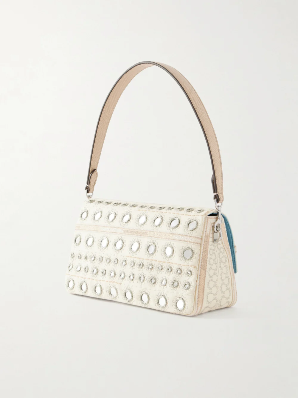 Back view of the Tory Burch Charlie Embellished Embroidered Canvas Shoulder Bag