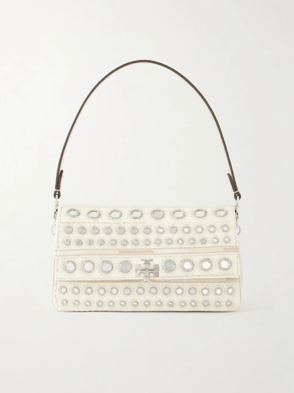 Tory Burch Charlie Embellished Embroidered Canvas Shoulder Bag in cream