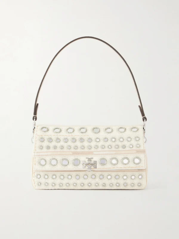 Tory Burch Charlie Embellished Embroidered Canvas Shoulder Bag