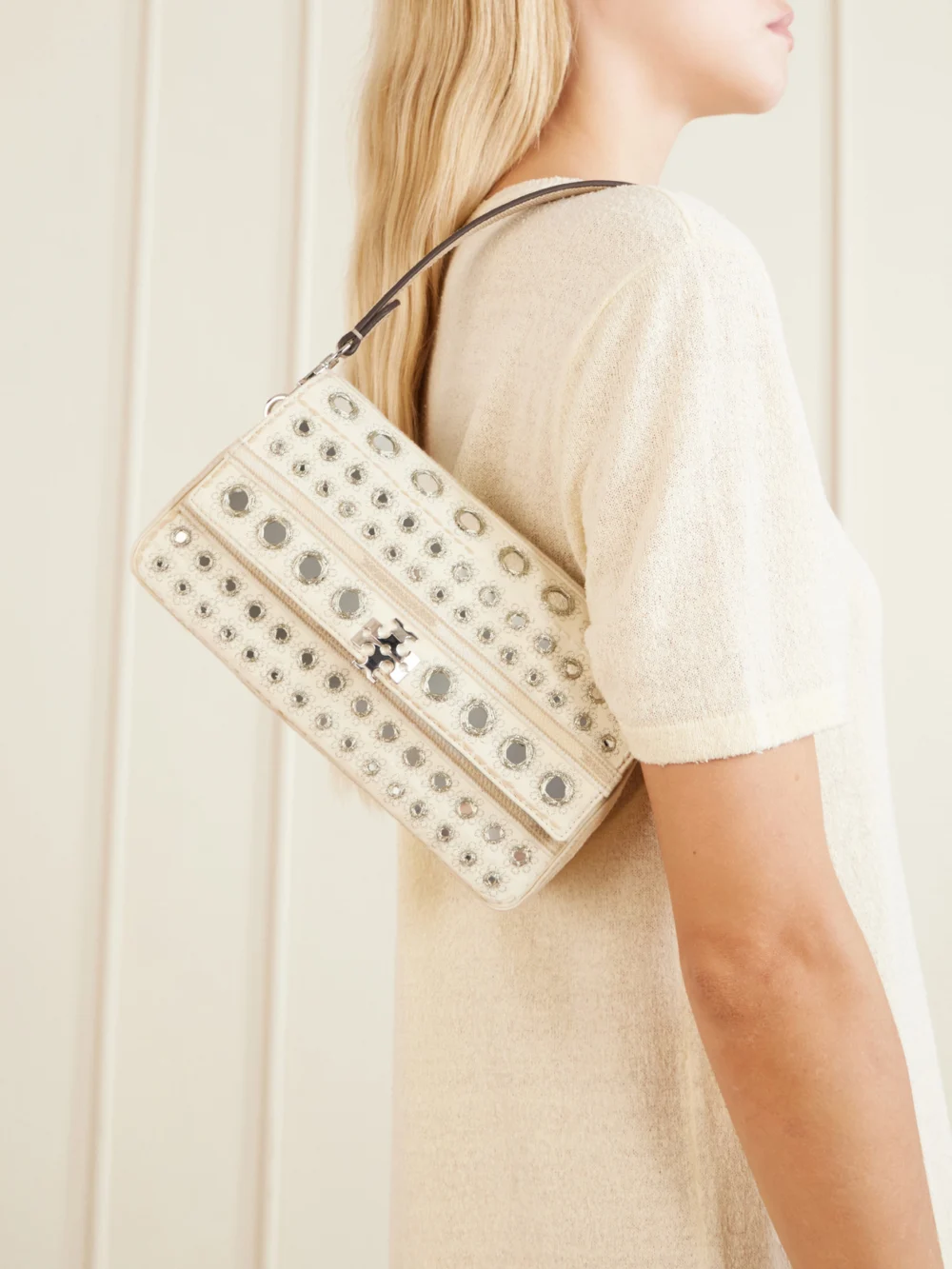 Tory Burch Charlie Embellished Embroidered Canvas Shoulder Bag, styled view