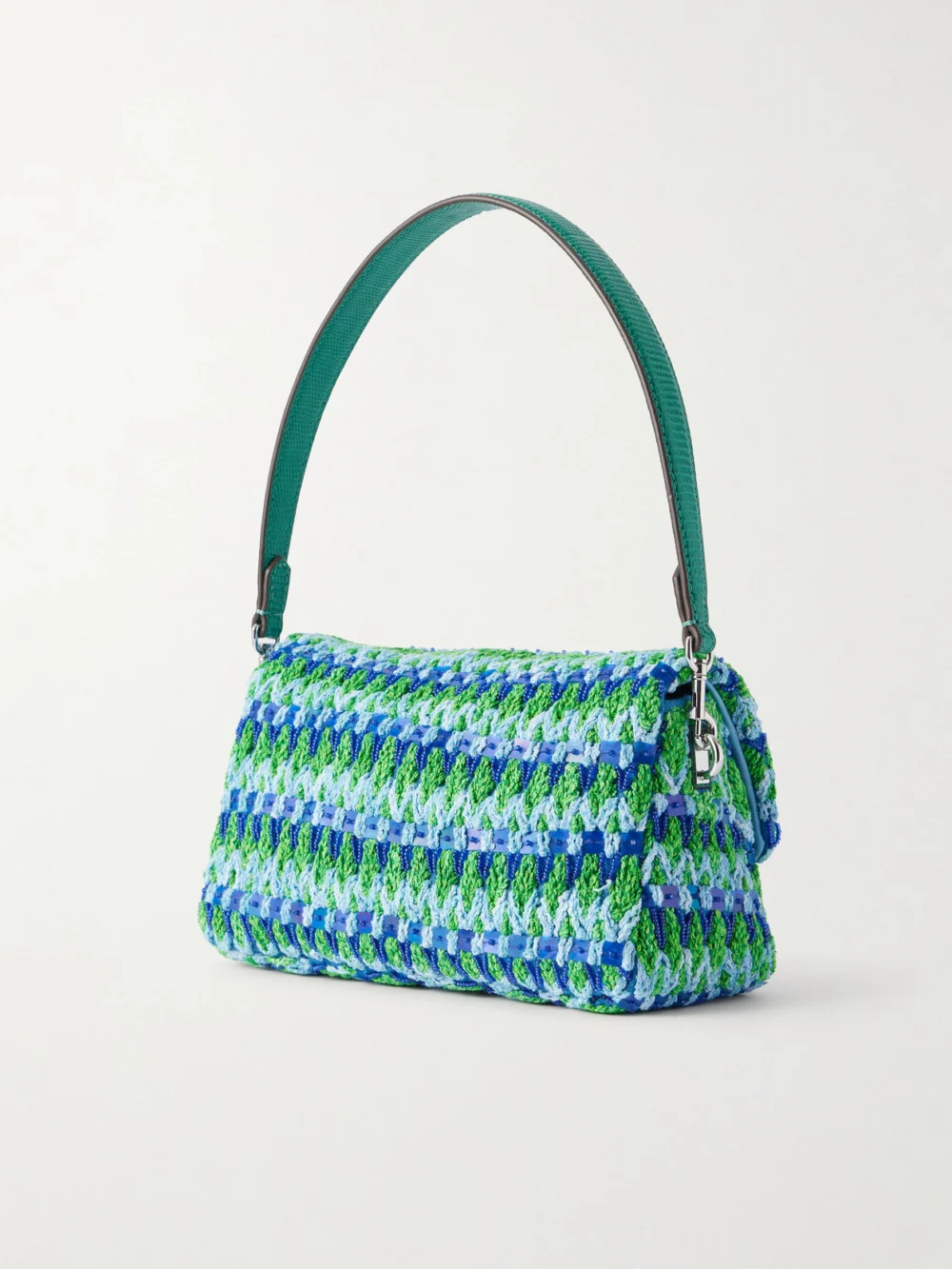 Back view of the Tory Burch Charlie Embellished Snake-effect Leather-trimmed Crocheted Shoulder Bag