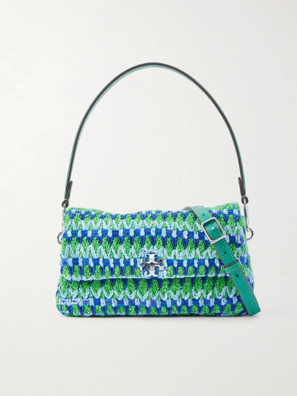 Tory Burch Charlie Embellished Snake-effect Leather-trimmed Crocheted Shoulder Bag in blue