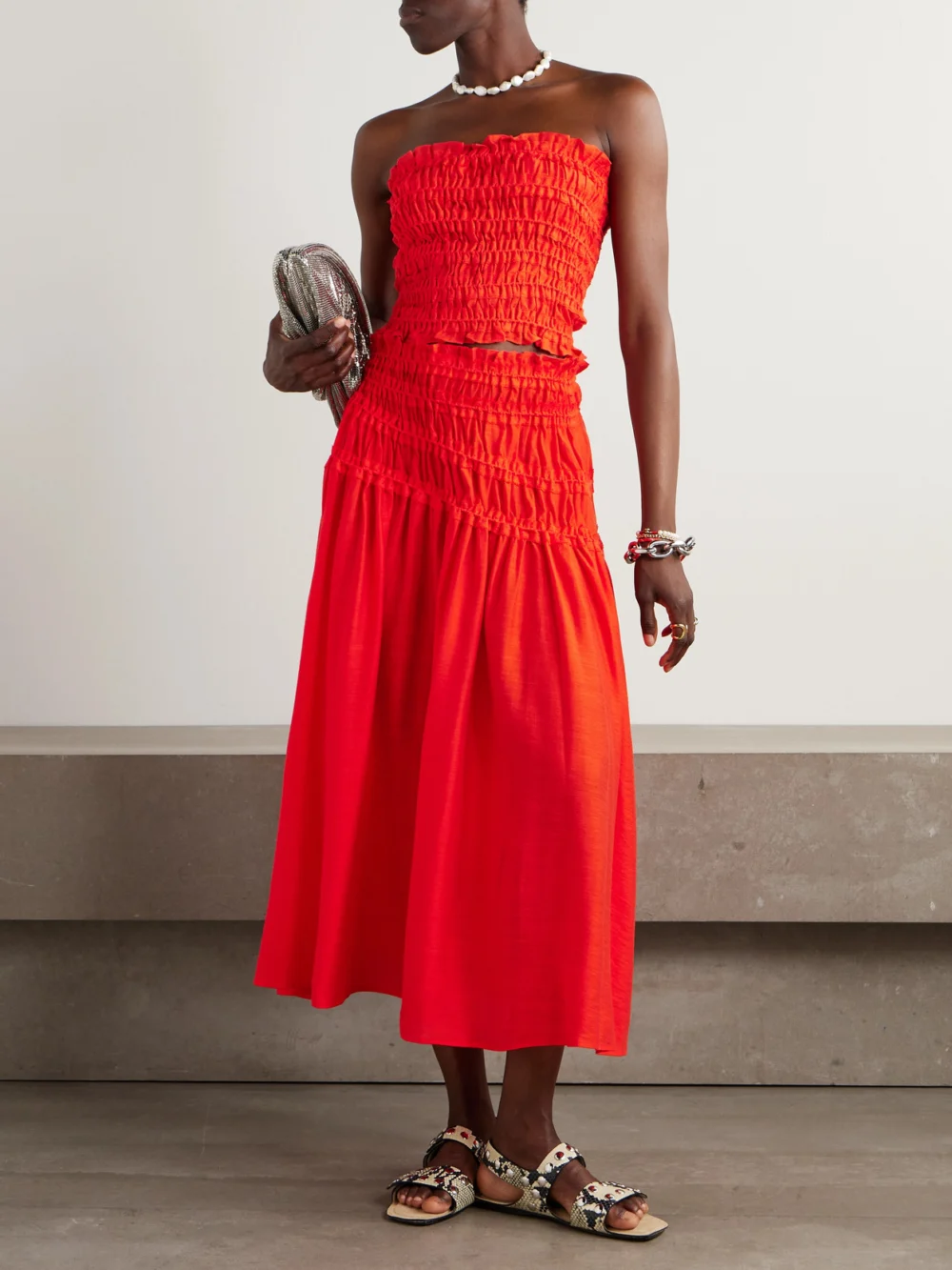 Tory Burch Cropped Ruffled Shirred Lyocell-blend Top, worn by a model