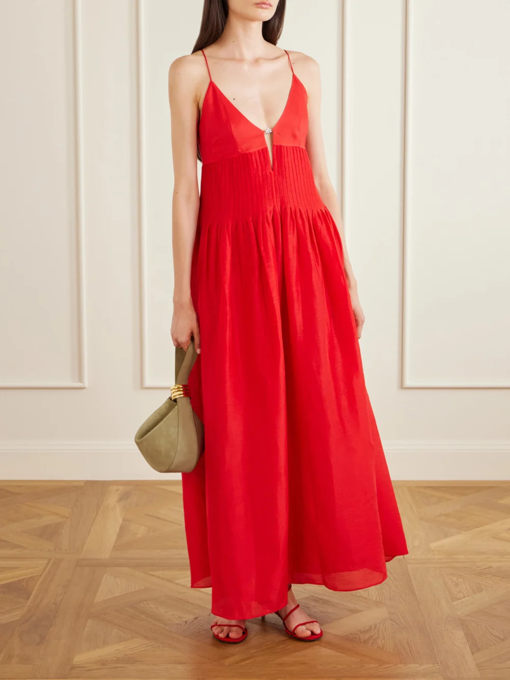 Tory Burch Embellished Pleated Linen and Silk-blend Maxi Dress, worn by a model