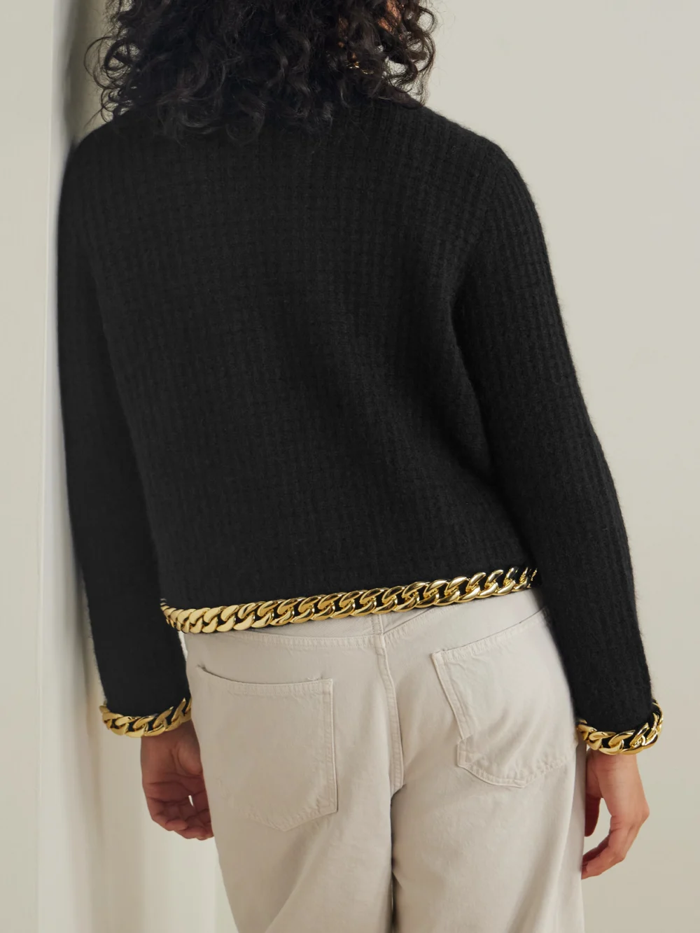 Back view of the Tory Burch Kendra Chain-embellished Waffle-knit Cardigan