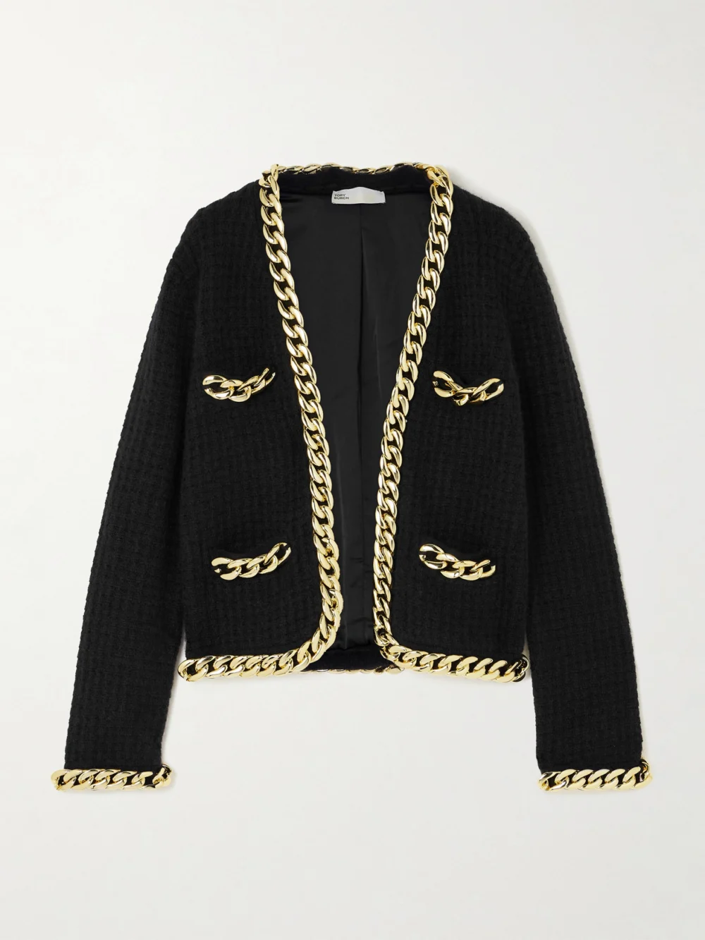 Tory Burch Kendra Chain-embellished Waffle-knit Cardigan in black