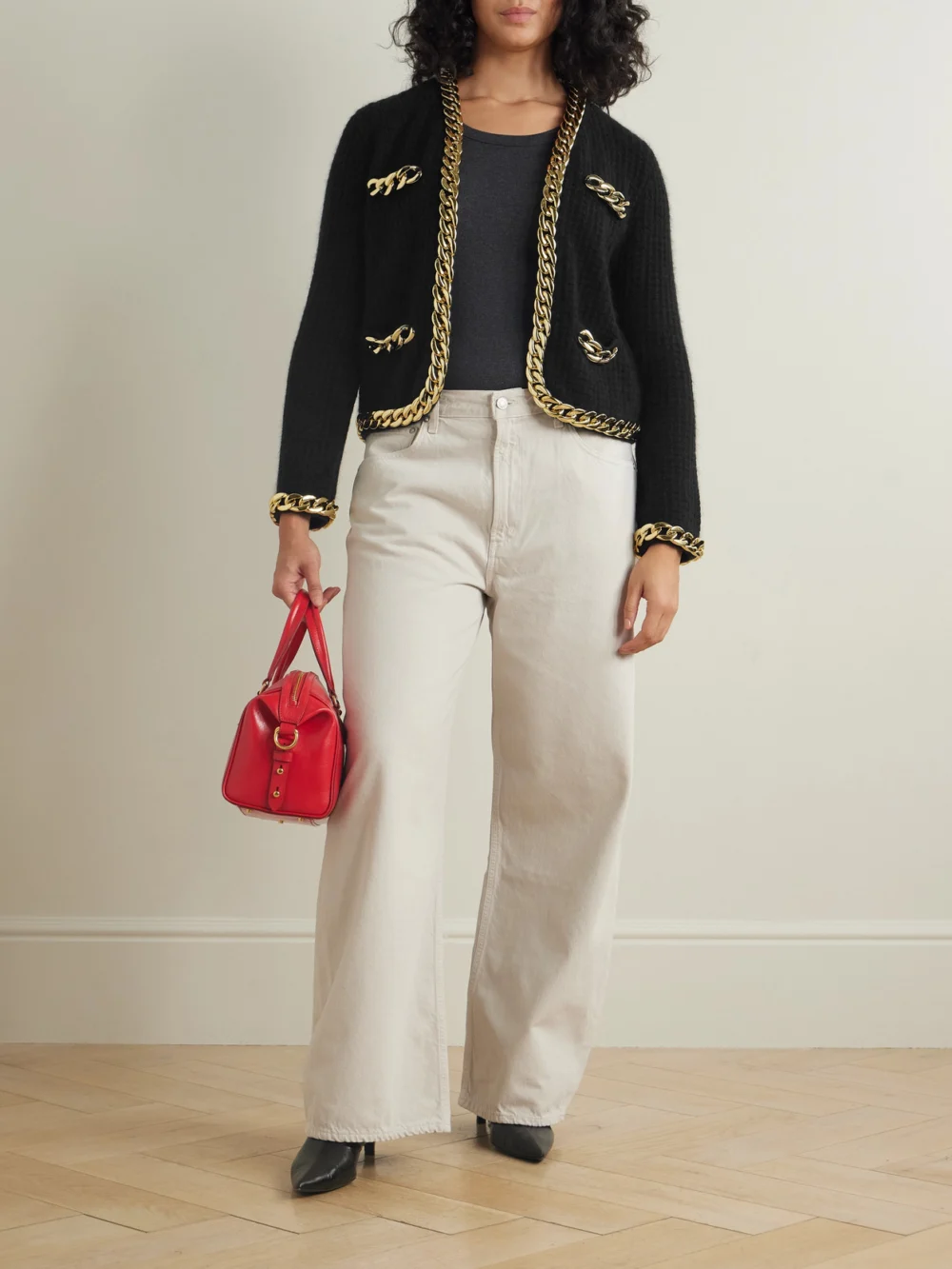 Tory Burch Kendra Chain-embellished Waffle-knit Cardigan, worn by a model