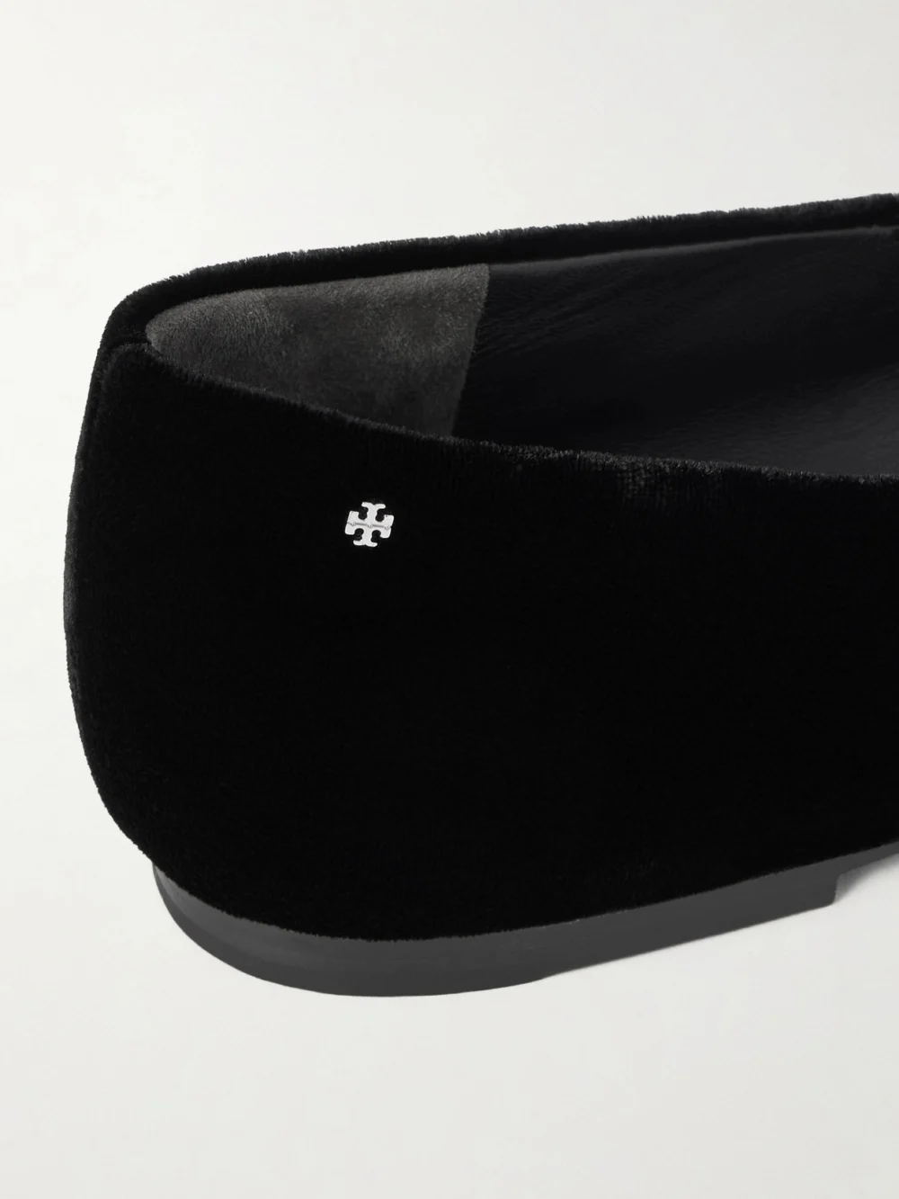 Close-up detail of the Tory Burch Leather-trimmed Velvet Mary Jane Ballet Flats