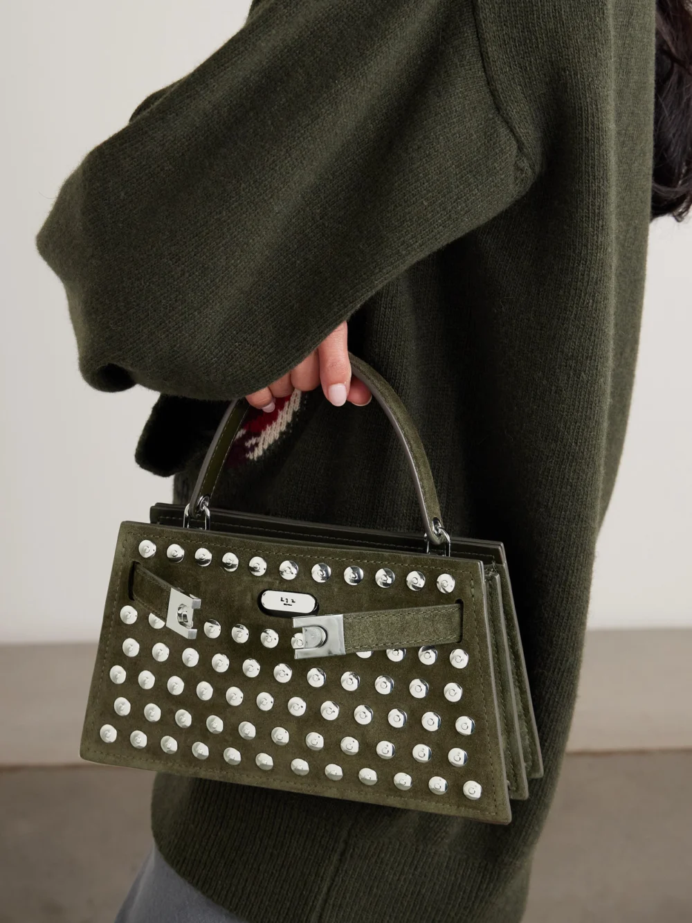 Tory Burch Lee Radziwill Mini Studded Suede Shoulder Bag, styled view