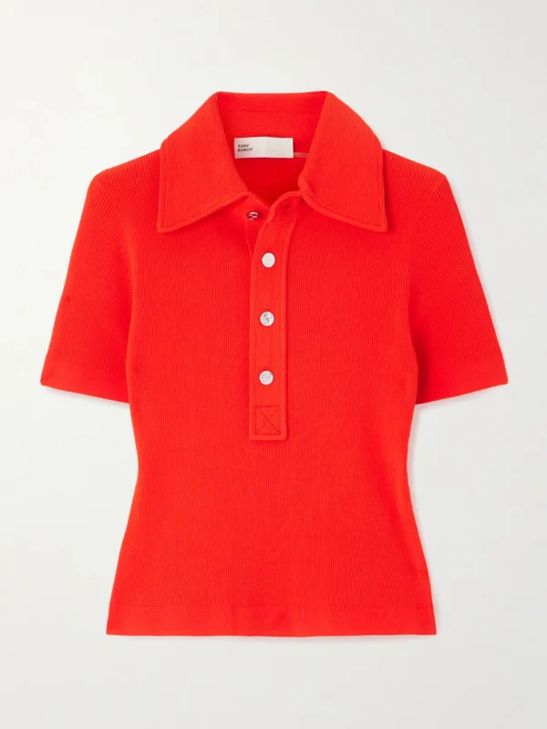 Tory Burch Maggie Ribbed-knit Polo Shirt