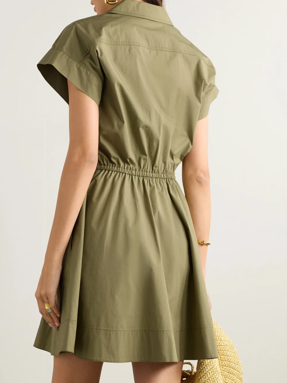 Back view of the Tory Burch Pleated Cotton-blend Poplin Mini Shirt Dress