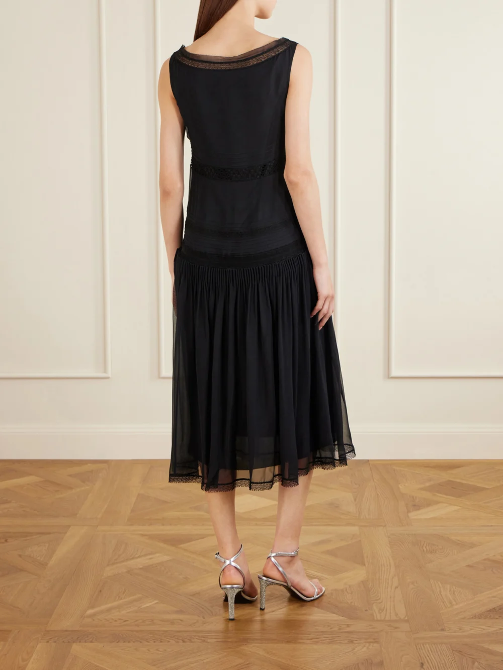 Back view of the Tory Burch Pleated Lace-trimmed Silk-georgette Midi Dress