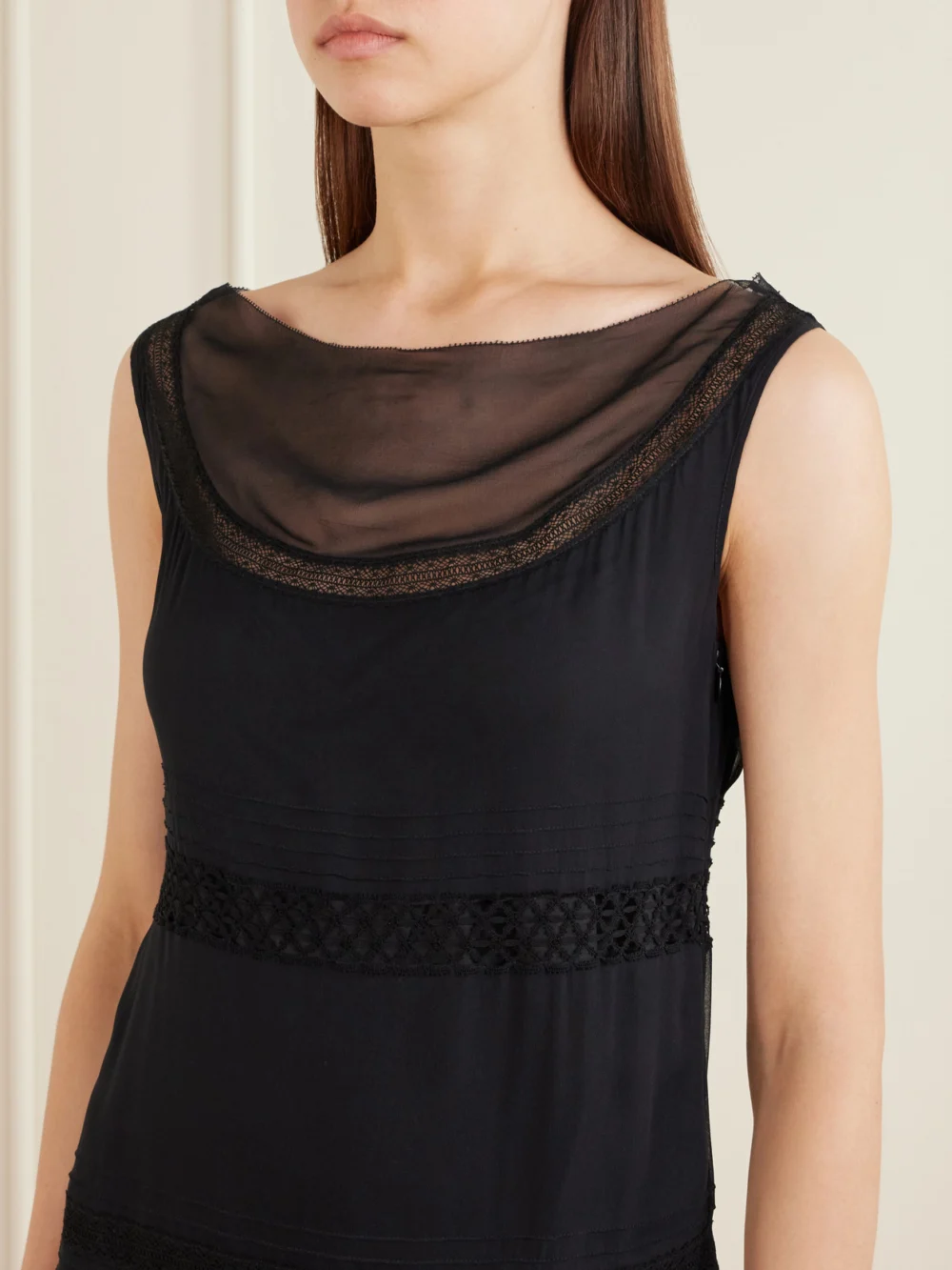 Close-up detail of the Tory Burch Pleated Lace-trimmed Silk-georgette Midi Dress