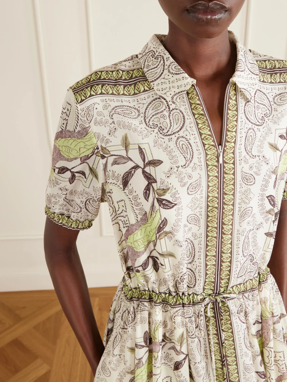 Close-up detail of the Tory Burch Printed Cotton and Silk-blend Midi Dress