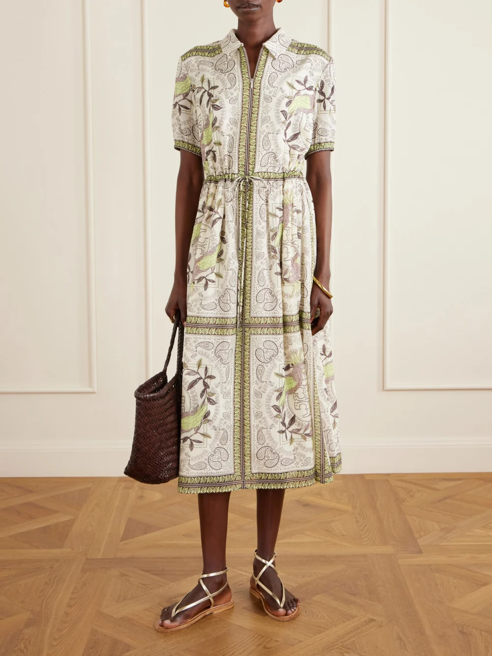 Tory Burch Printed Cotton and Silk-blend Midi Dress, worn by a model
