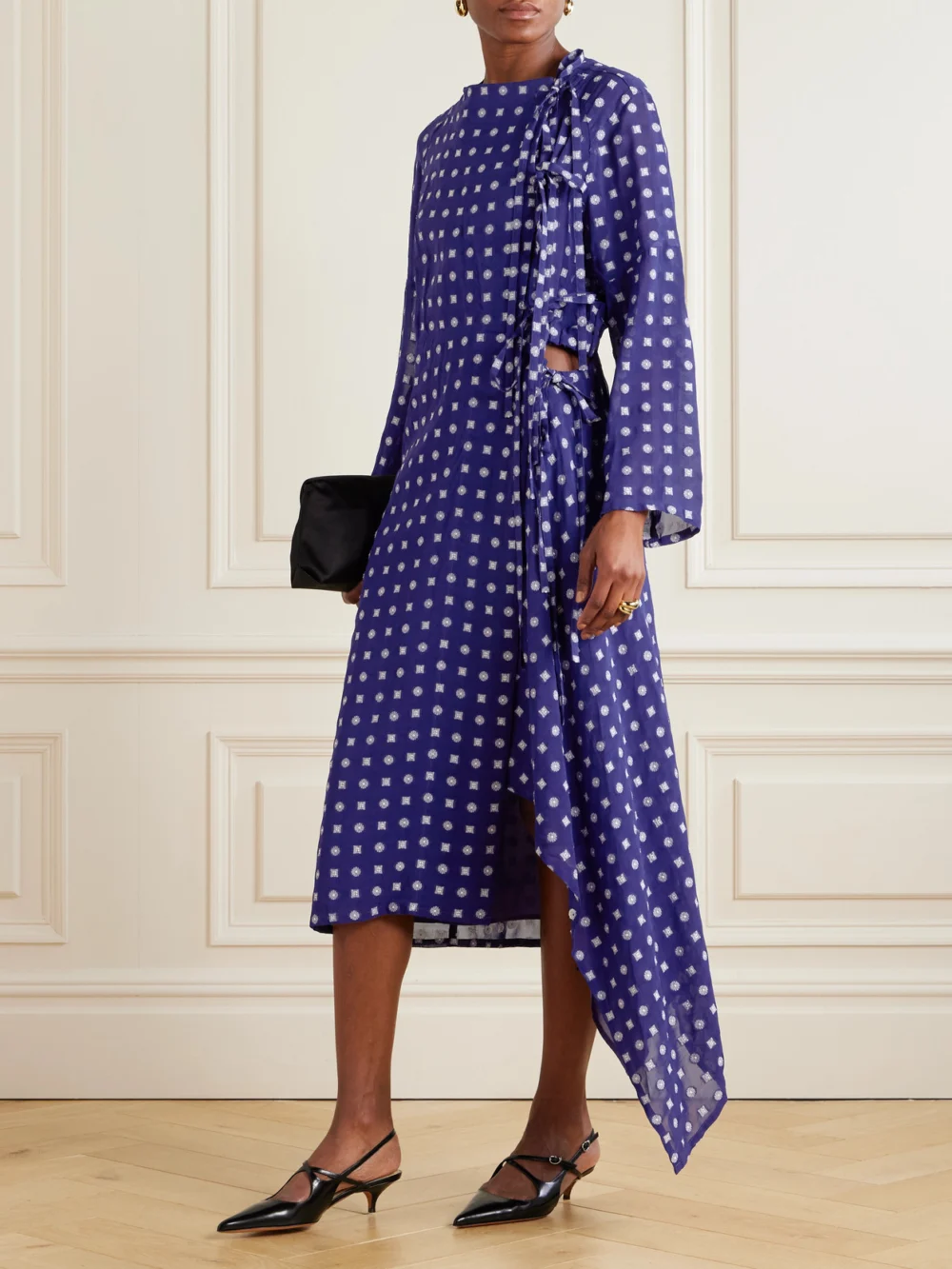 Tory Burch Printed Crepe Wrap Dress, worn by a model