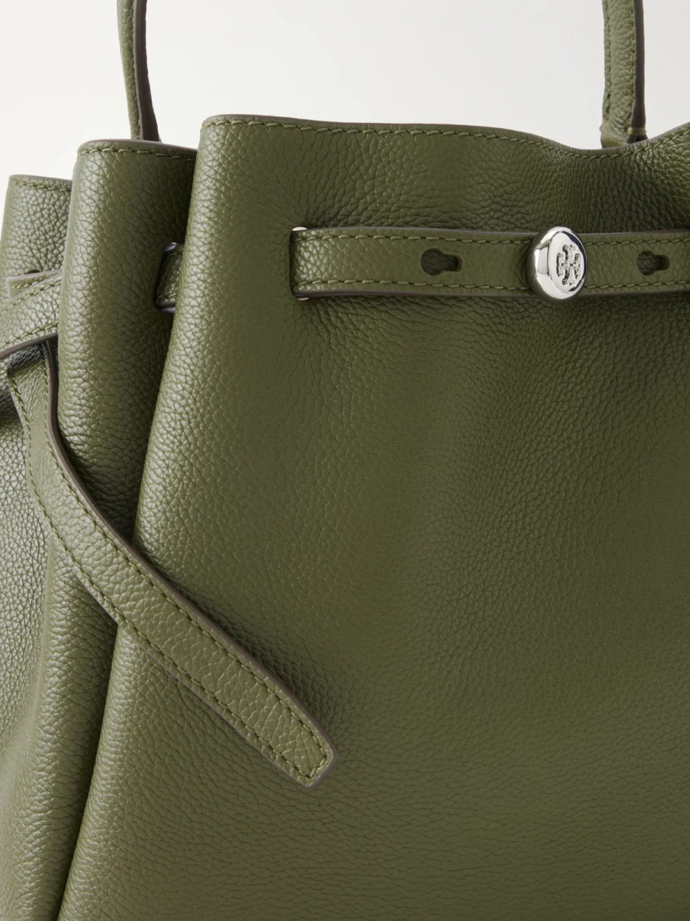 Close-up detail of the Tory Burch Romy Leather Bucket Bag