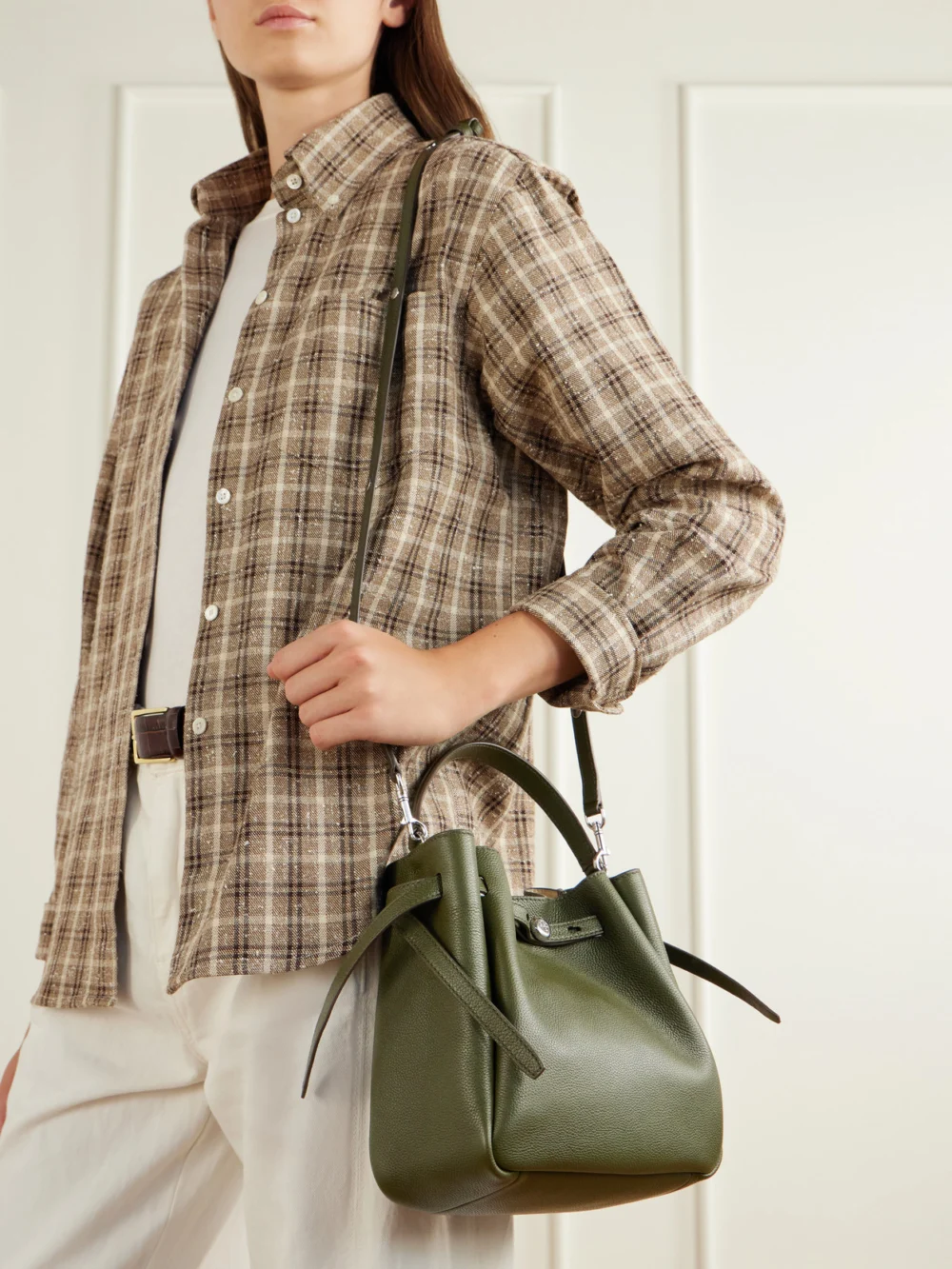 Tory Burch Romy Leather Bucket Bag, styled view