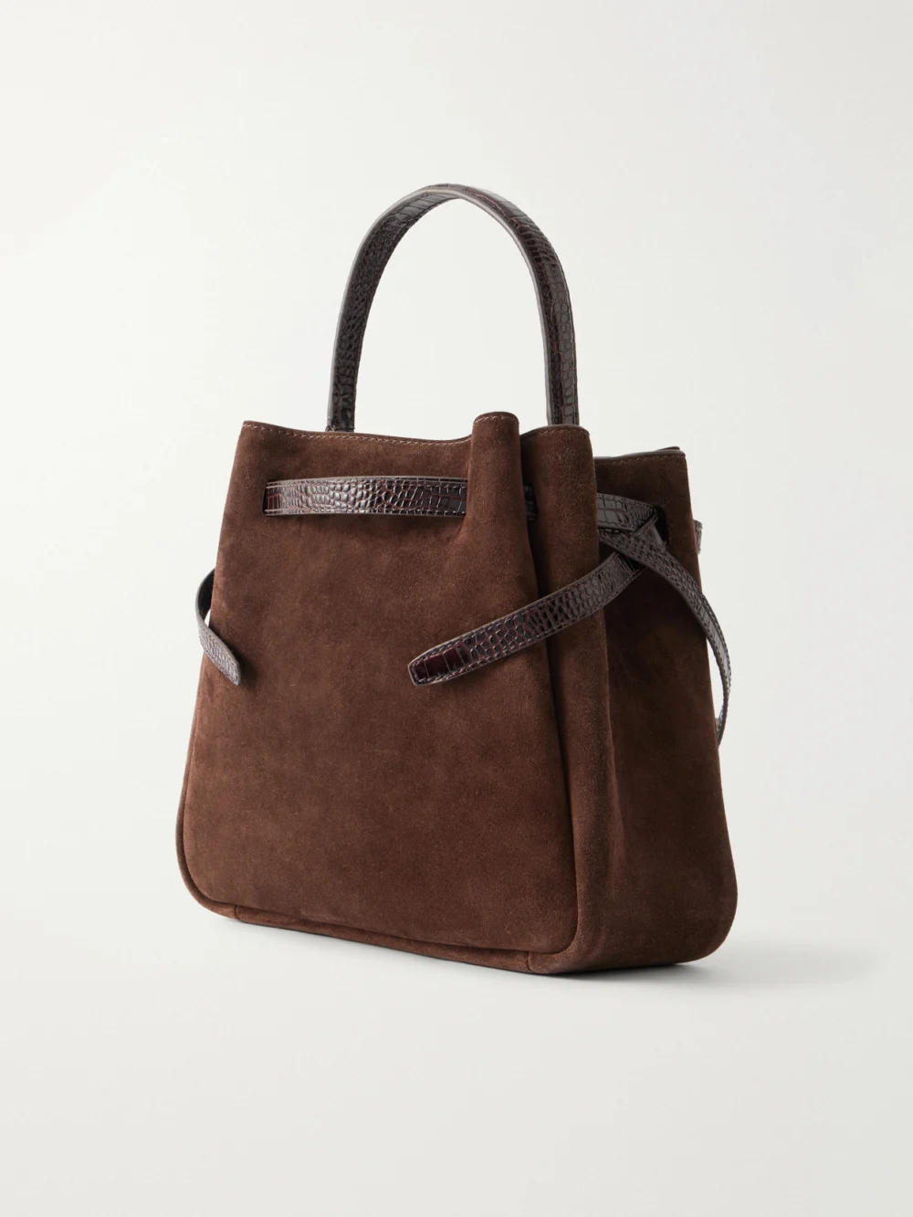 Back view of the Tory Burch Romy Leather-trimmed Suede Bucket Bag