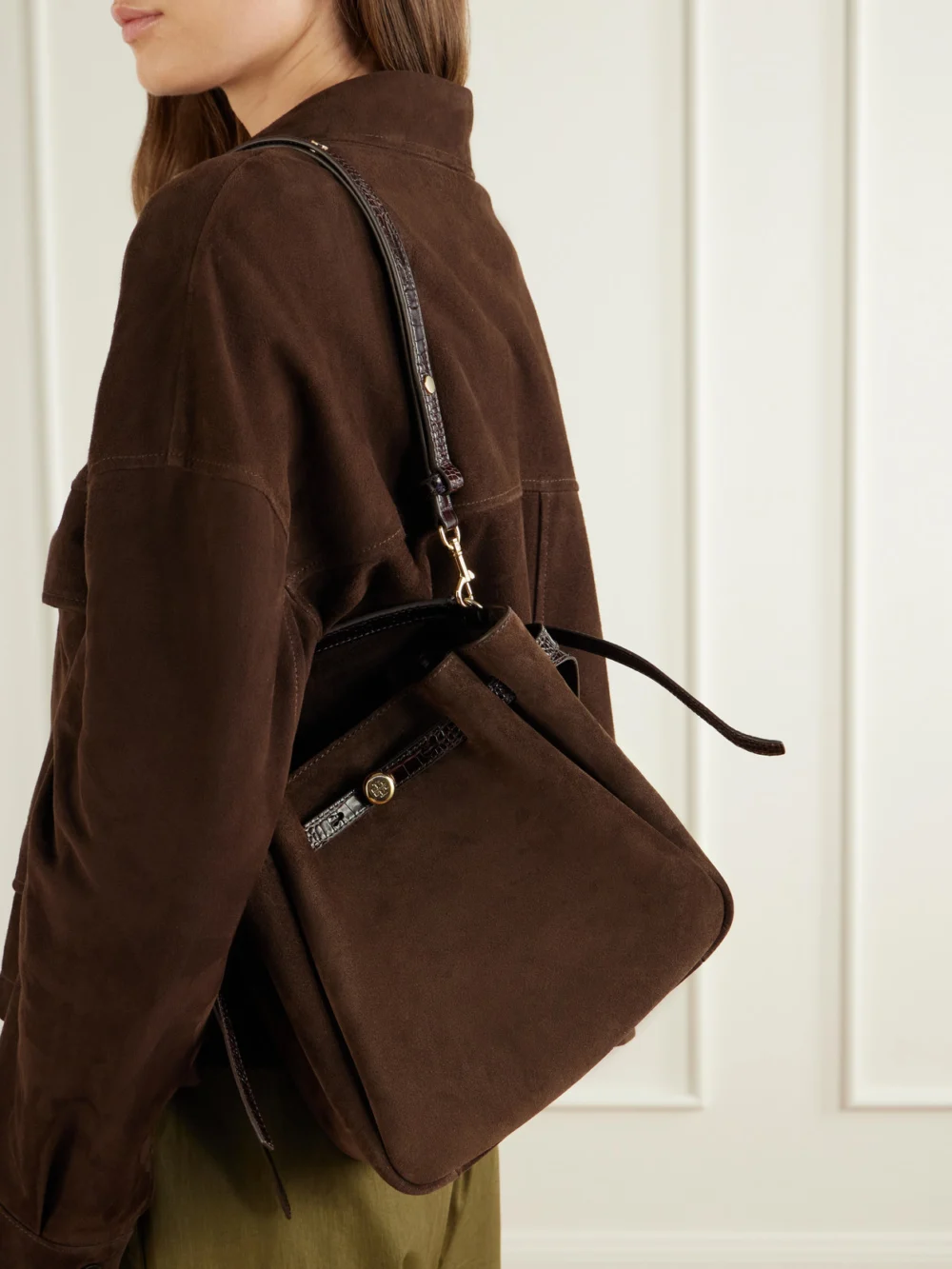 Tory Burch Romy Leather-trimmed Suede Bucket Bag, styled view