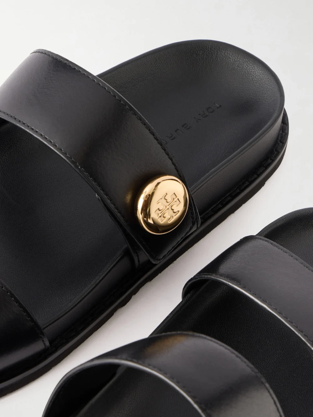 Close-up detail of the Tory Burch Romy Sport Leather Sandals
