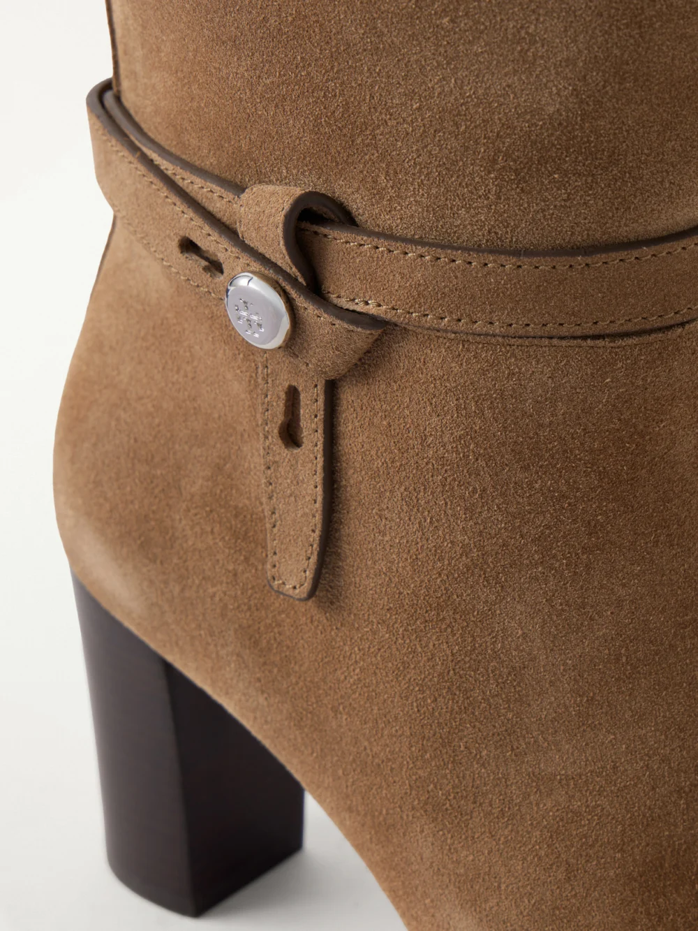 Close-up detail of the Tory Burch Roomy 70 Suede Knee Boots