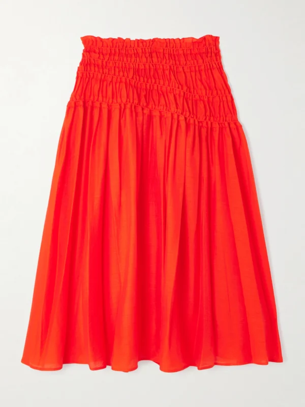 Tory Burch Ruffled Shirred Lyocell-blend Midi Skirt