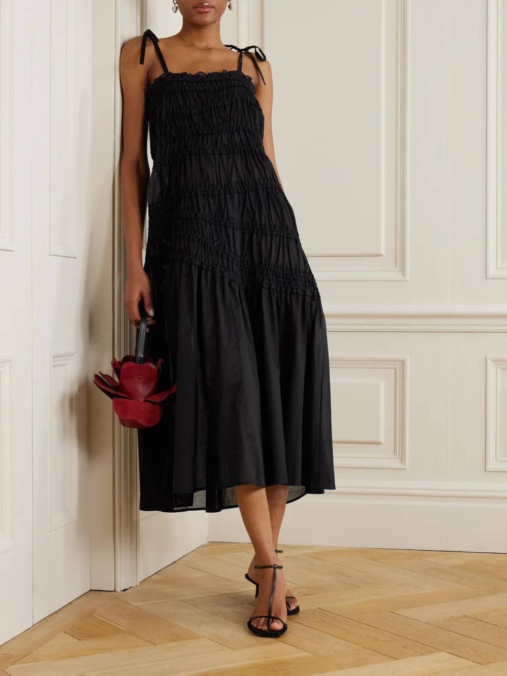 Tory Burch Smocked Cotton-voile Midi Dress, worn by a model
