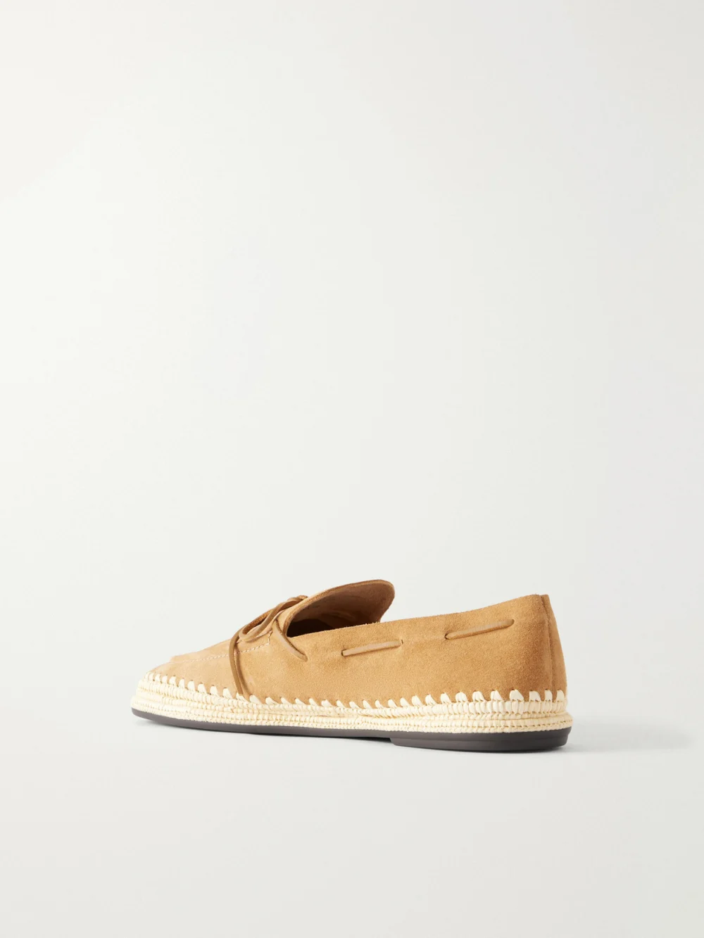 Back view of the Tory Burch The Raffia Boaty Bow-detail Raffia-trimmed Suede Loafers