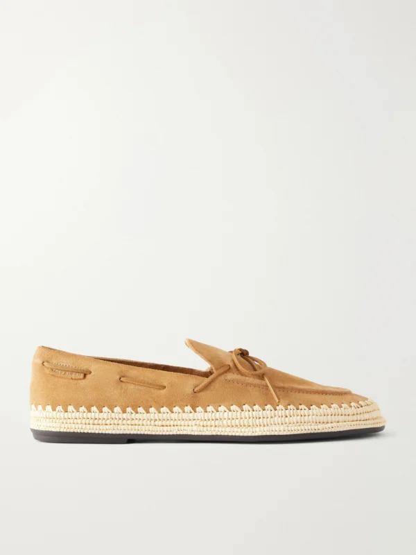 Tory Burch The Raffia Boaty Bow-detail Raffia-trimmed Suede Loafers