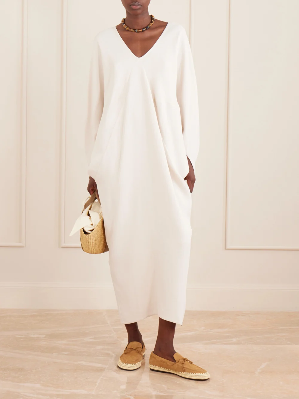 Tory Burch The Raffia Boaty Bow-detail Raffia-trimmed Suede Loafers, styled view