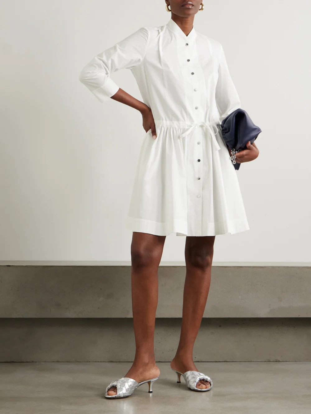 Tory Burch Tie-detailed Gathered Cotton-poplin Mini Dress, worn by a model