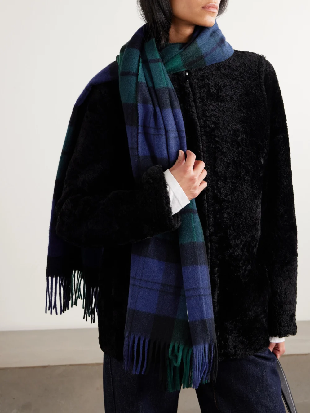 Totême Checked Cashmere and Wool-blend Scarf, styled view