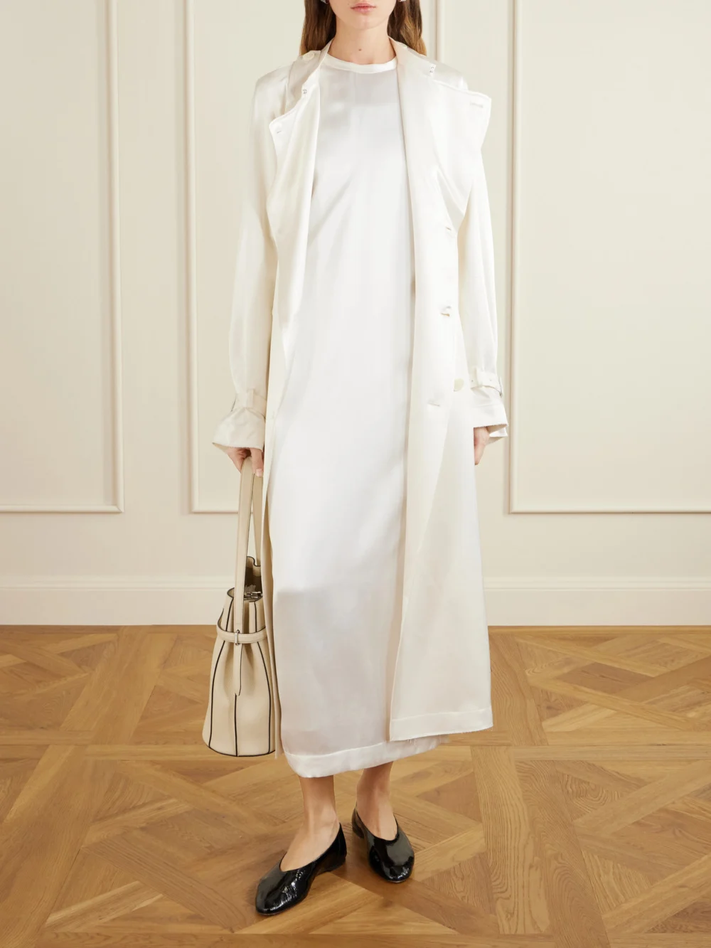 Totême Double-breasted Draped Satin Trench Coat, worn by a model