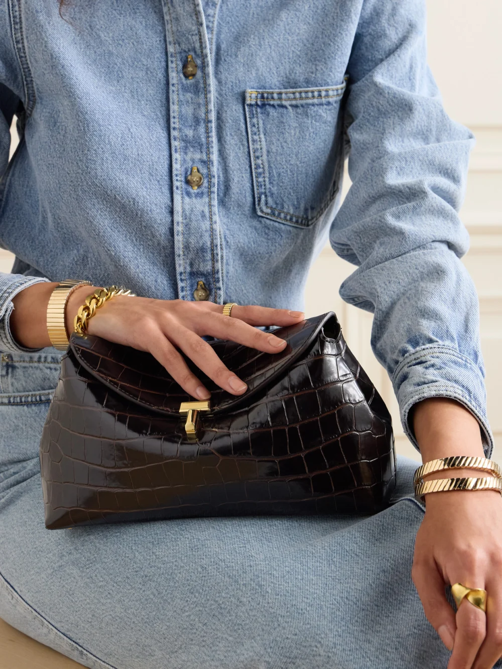 Totême T-lock Croc-effect Leather Clutch, styled view