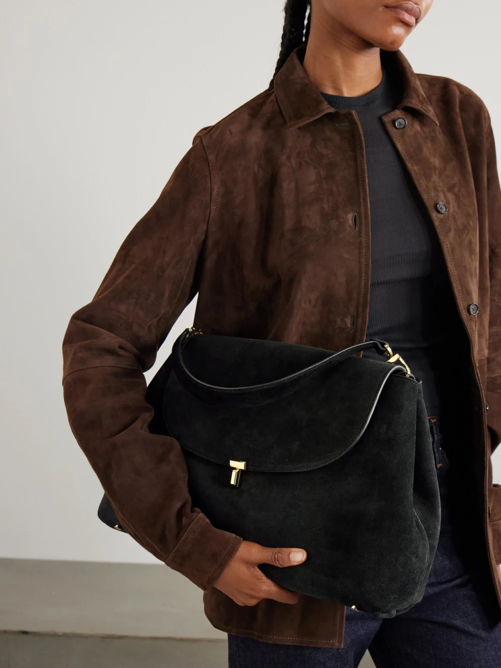 Totême T-lock Suede Shoulder Bag, styled view