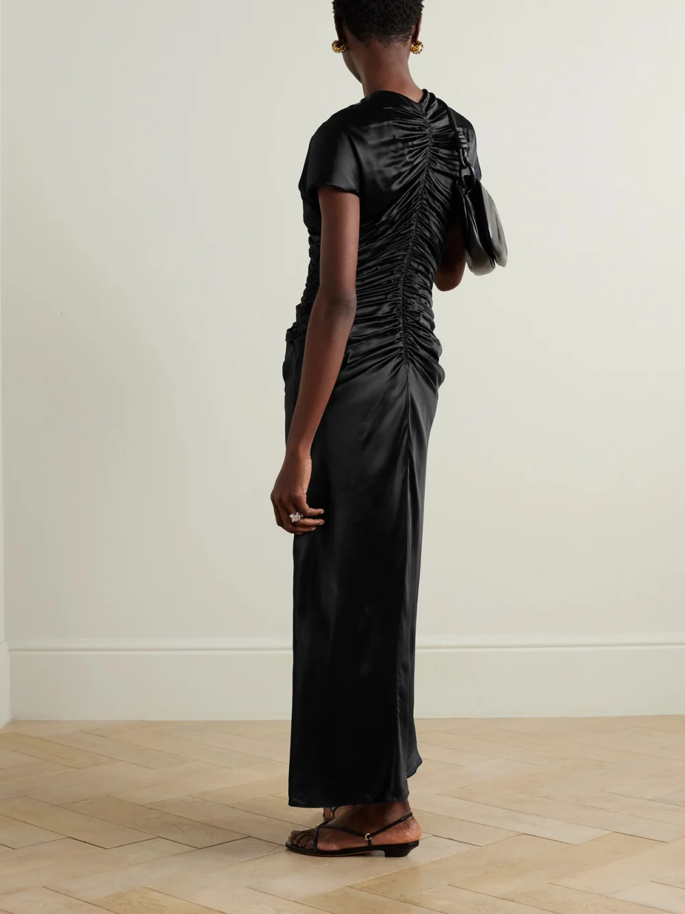 Back view of the Tove Aubree Ruched Silk-satin Midi Dress