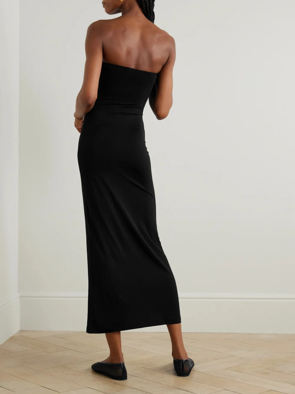 Back view of the Tove Cate Strapless Twist-front Stretch-jersey Midi Dress
