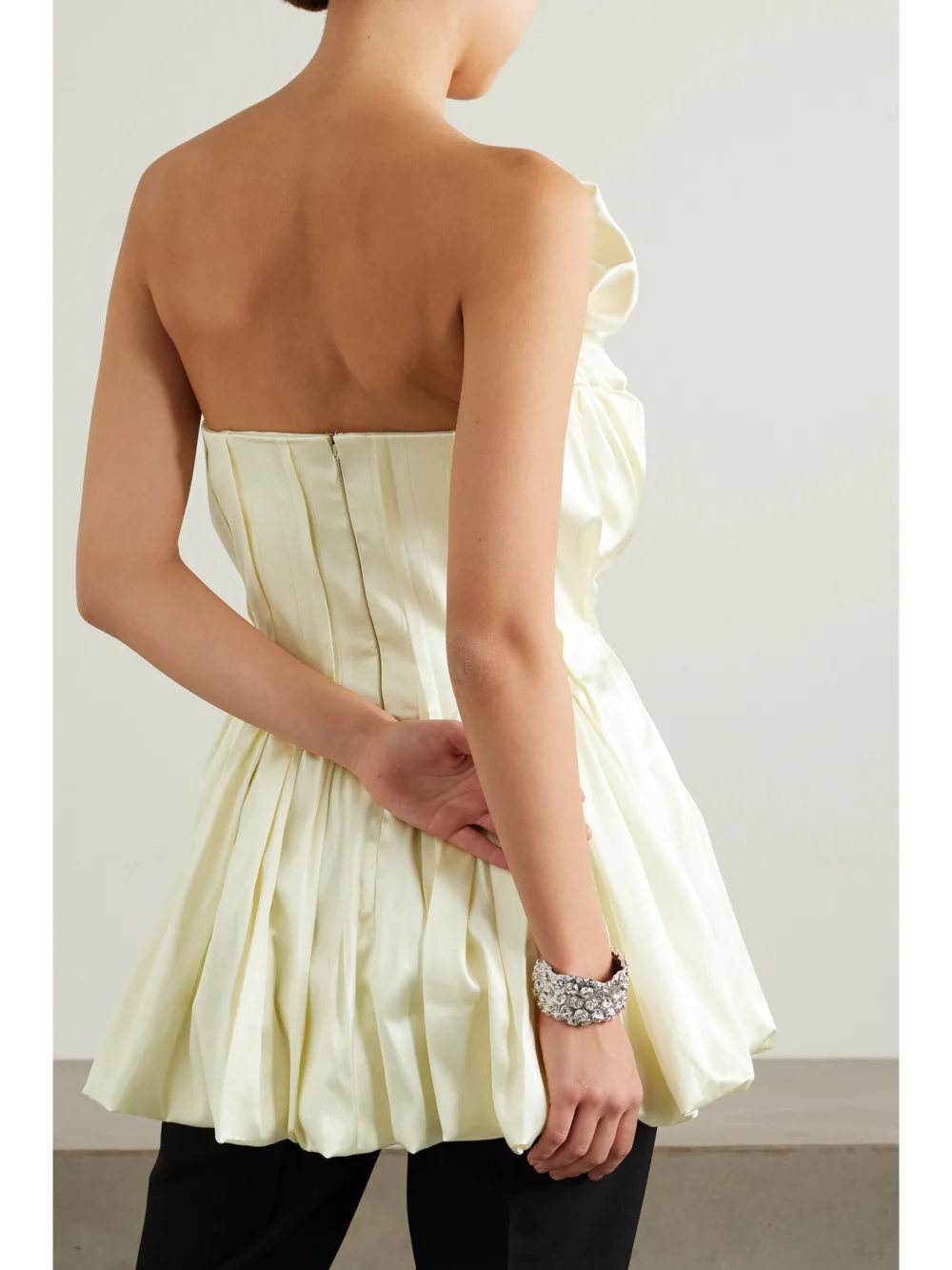Back view of the Tove Raynara Strapless Gathered Satin Top
