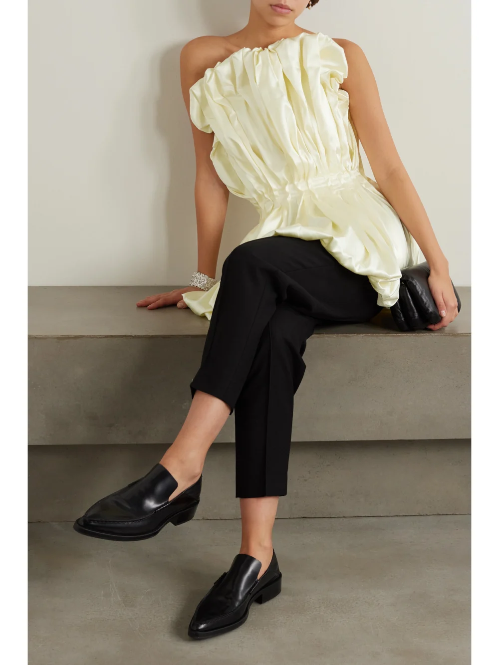 Tove Raynara Strapless Gathered Satin Top, worn by a model