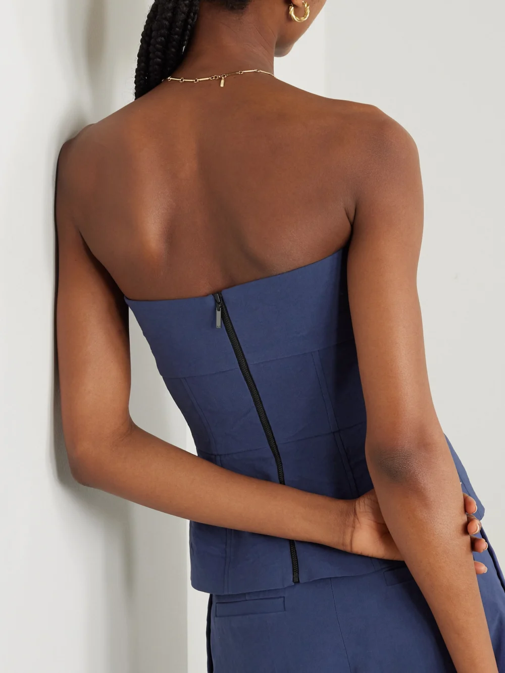 Back view of the Tove Ruby Gathered Linen-blend Twill Peplum Bustier Top