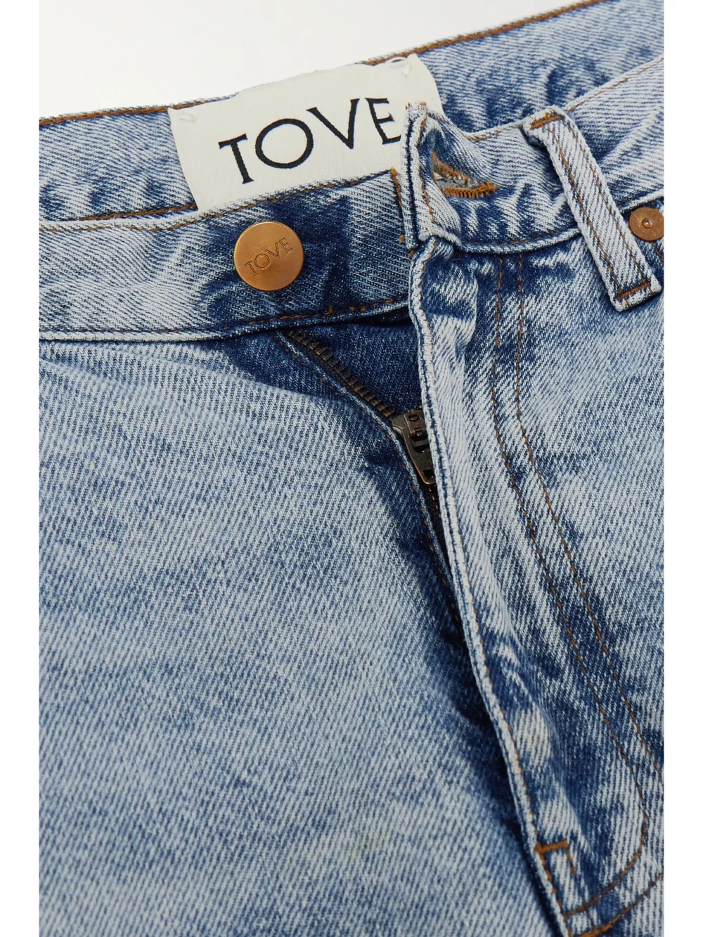 Close-up detail of the Tove Sofie Mid-rise Wide-leg Recycled Jeans